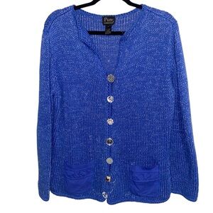 Pure Sweater Womens Large Blue Chunky Knit Cardigan Metallic Pockets Big Buttons